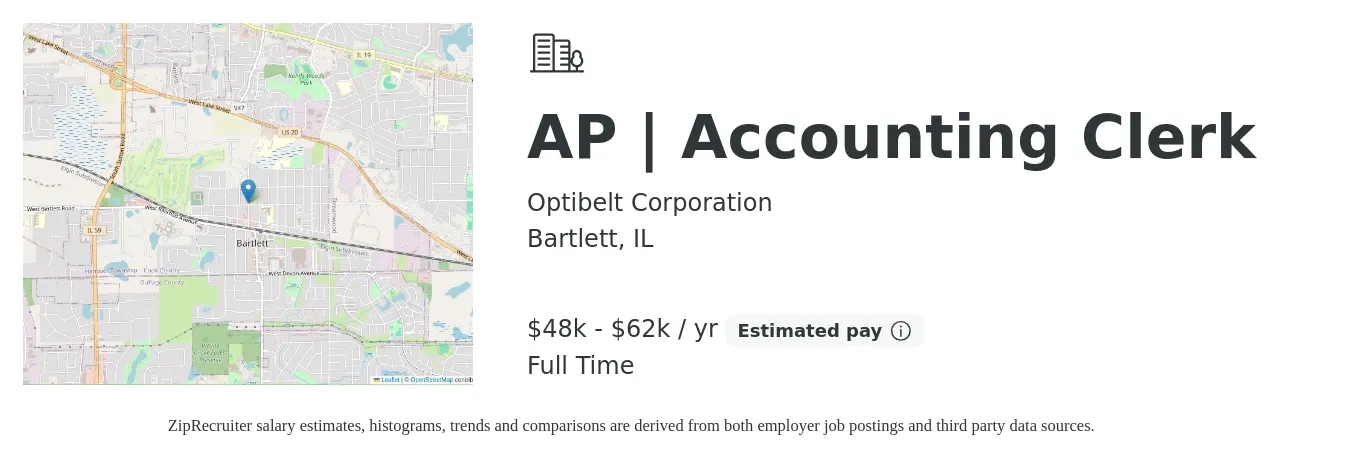 Optibelt Corporation job posting for a AP | Accounting Clerk in Bartlett, IL with a salary of $52,600 to $62,500 Yearly with a map of Bartlett location.