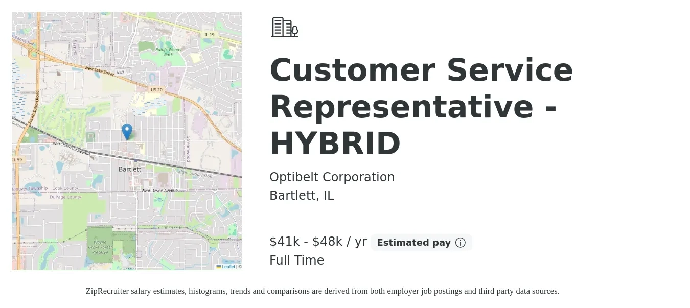Optibelt Corporation job posting for a Customer Service Representative - HYBRID in Bartlett, IL with a salary of $41,000 to $48,000 Yearly with a map of Bartlett location.