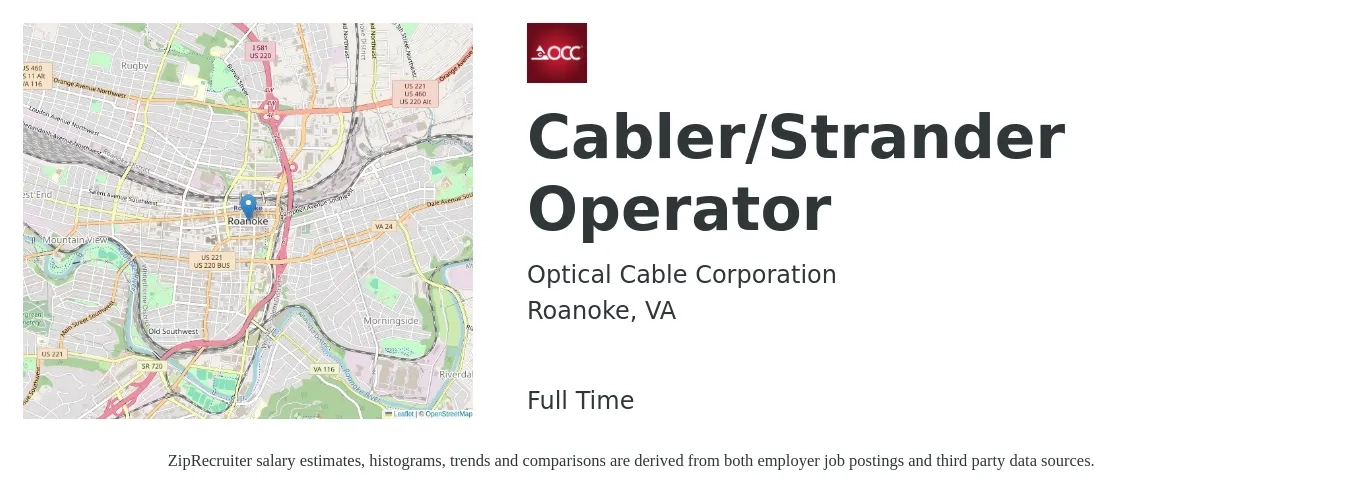 Optical Cable Corporation job posting for a Cabler/Strander Operator in Roanoke, VA with a map of Roanoke location.