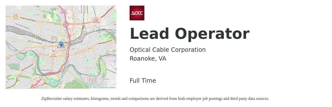 Optical Cable Corporation job posting for a Lead Operator in Roanoke, VA with a salary of $18 to $25 Hourly with a map of Roanoke location.