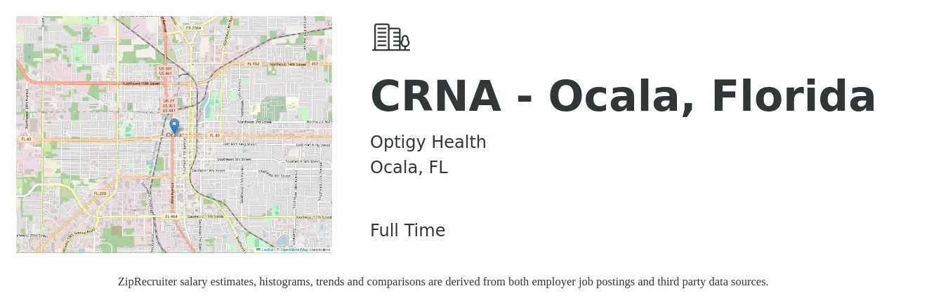 Optigy Health job posting for a CRNA - Ocala, Florida in Ocala, FL with a salary of $88 to $162 Hourly with a map of Ocala location.