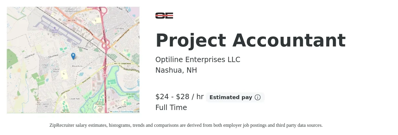 Optiline Enterprises LLC job posting for a Project Accountant in Nashua, NH with a salary of $25 to $30 Hourly with a map of Nashua location.