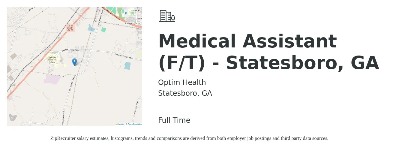Optim Health job posting for a Medical Assistant (F/T) - Statesboro, GA in Statesboro, GA with a salary of $15 to $19 Hourly with a map of Statesboro location.