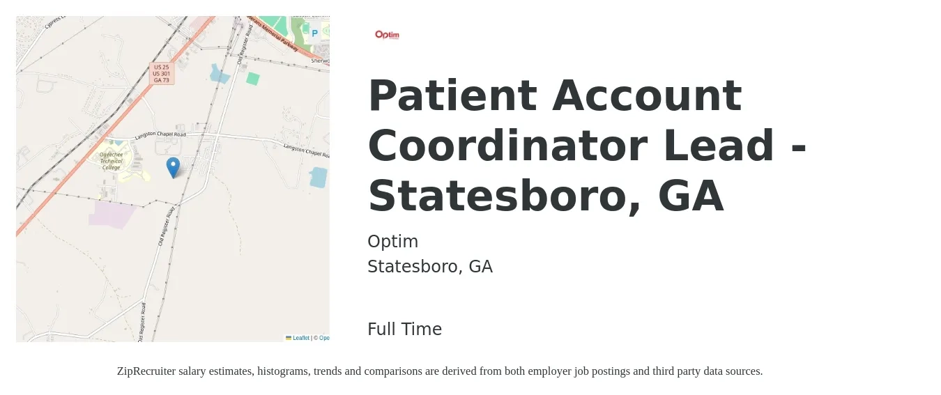 Optim job posting for a Patient Account Coordinator Lead - Statesboro, GA in Statesboro, GA with a salary of $15 to $18 Hourly with a map of Statesboro location.