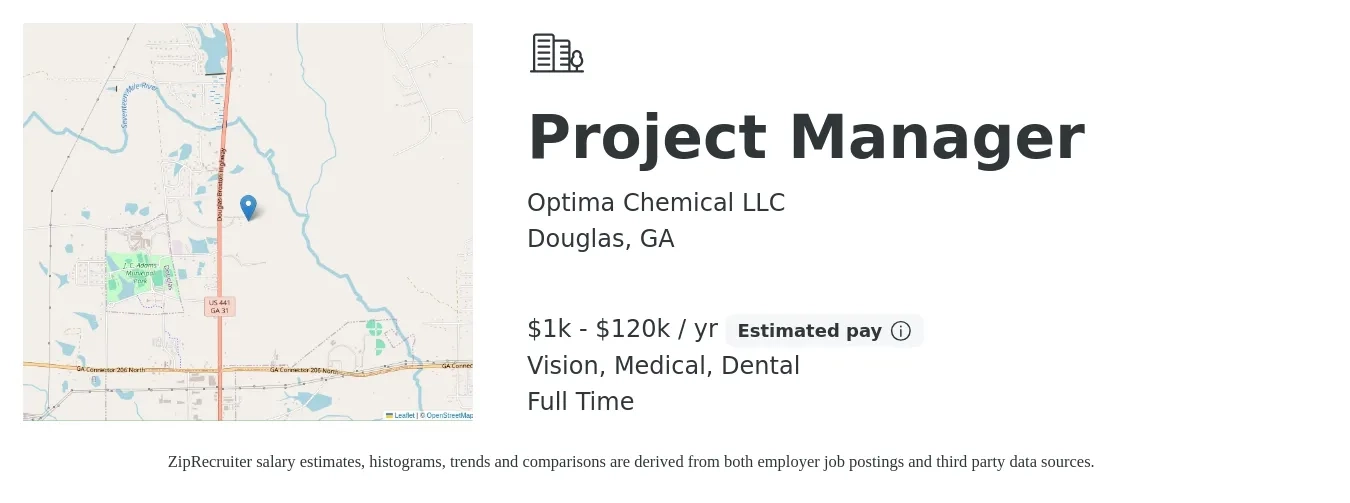 Optima Chemical LLC job posting for a Project Manager in Douglas, GA with a salary of $1,000 to $120,000 Yearly and benefits including retirement, vision, dental, life_insurance, and medical with a map of Douglas location.