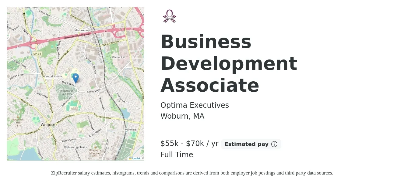 Optima Executives job posting for a Business Development Associate in Woburn, MA with a salary of $55,000 to $70,000 Yearly with a map of Woburn location.