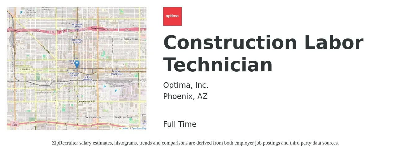 Optima, Inc. job posting for a Construction Labor Technician in Phoenix, AZ with a salary of $17 to $22 Hourly with a map of Phoenix location.