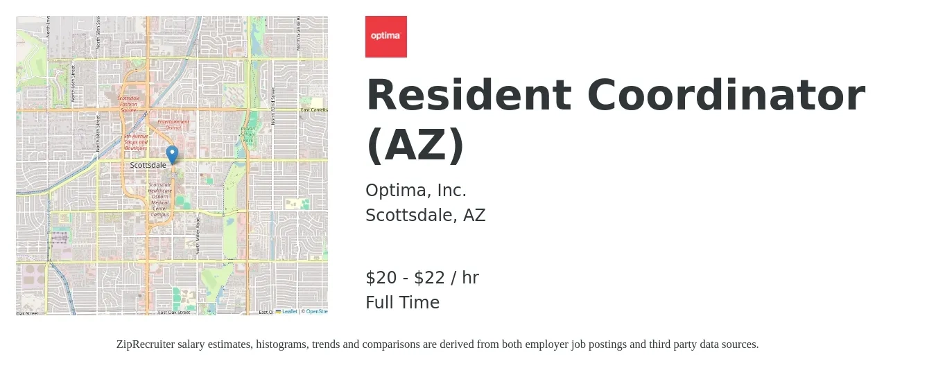 Optima, Inc. job posting for a Resident Coordinator (AZ) in Scottsdale, AZ with a salary of $20 to $26 Hourly with a map of Scottsdale location.