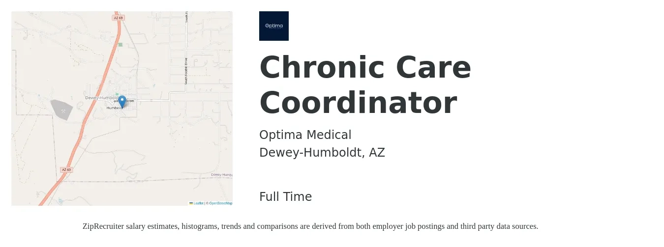 Optima Medical job posting for a Chronic Care Coordinator in Dewey-Humboldt, AZ with a salary of $19 to $25 Hourly with a map of Dewey-Humboldt location.