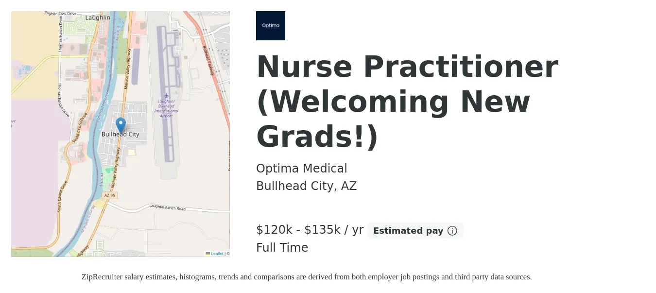 Optima Medical job posting for a Nurse Practitioner (Welcoming New Grads!) in Bullhead City, AZ with a salary of $120,000 to $135,000 Yearly with a map of Bullhead City location.