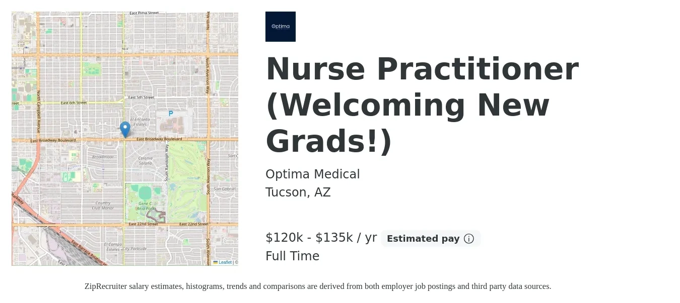 Optima Medical job posting for a Nurse Practitioner (Welcoming New Grads!) in Tucson, AZ with a salary of $120,000 to $135,000 Yearly with a map of Tucson location.