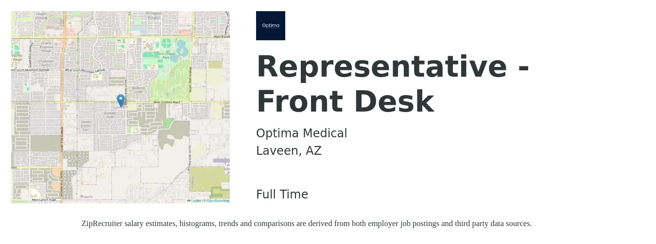 Optima Medical job posting for a Representative - Front Desk in Laveen, AZ with a salary of $14 to $17 Hourly with a map of Laveen location.