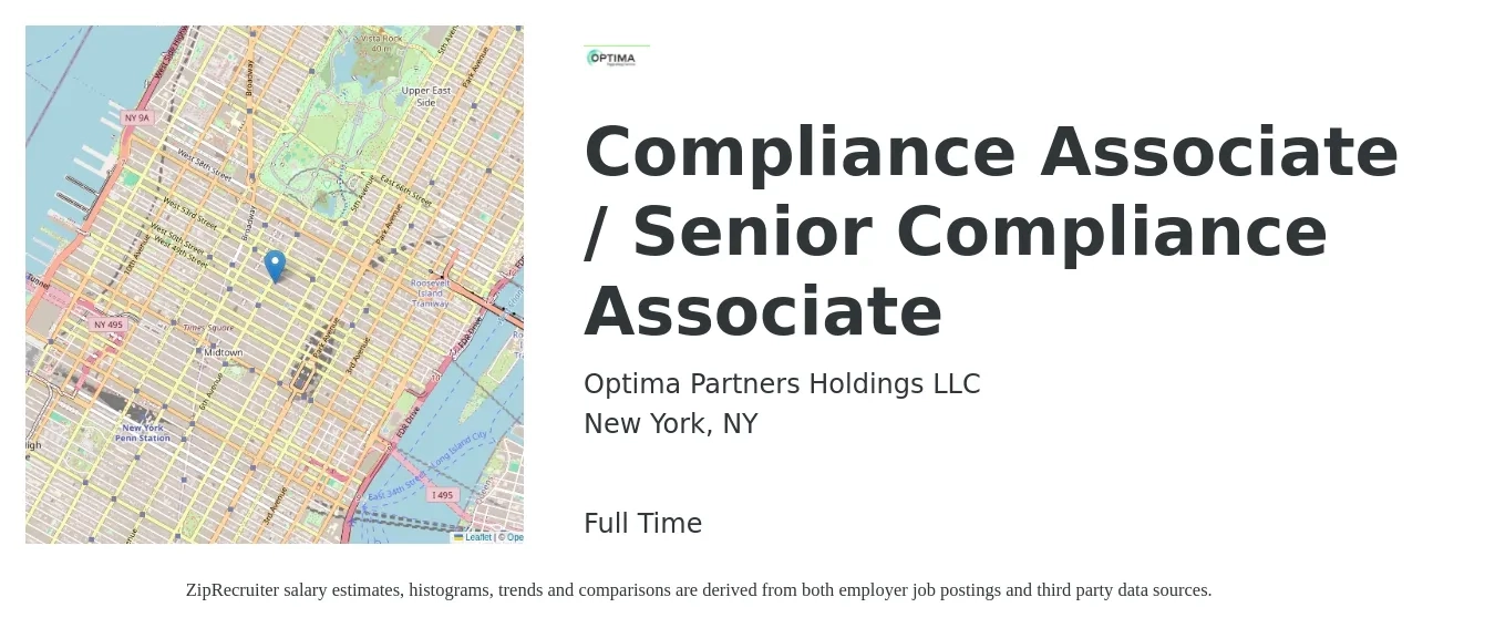 Optima Partners Holdings LLC job posting for a Compliance Associate / Senior Compliance Associate in New York, NY with a salary of $96,800 to $136,500 Yearly with a map of New York location.