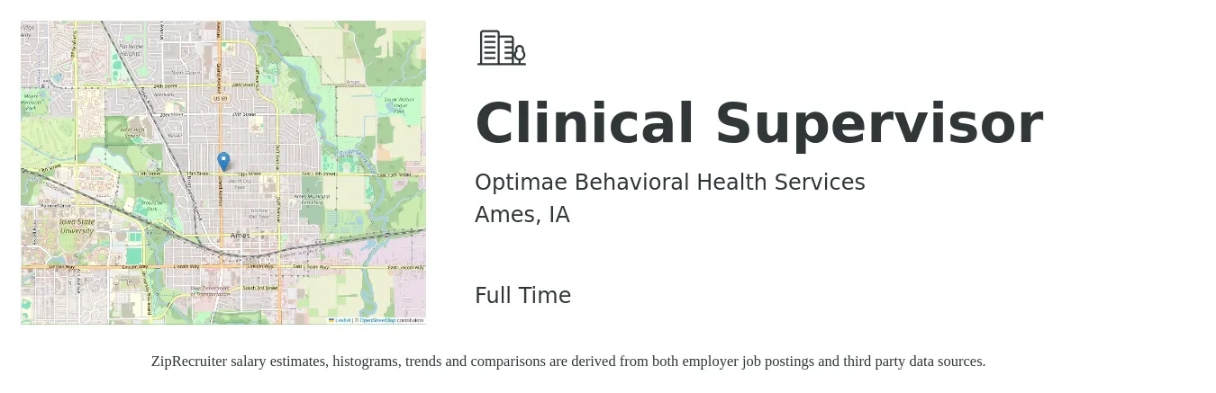 Optimae Behavioral Health Services job posting for a Clinical Supervisor in Ames, IA with a salary of $62,600 to $86,600 Yearly with a map of Ames location.