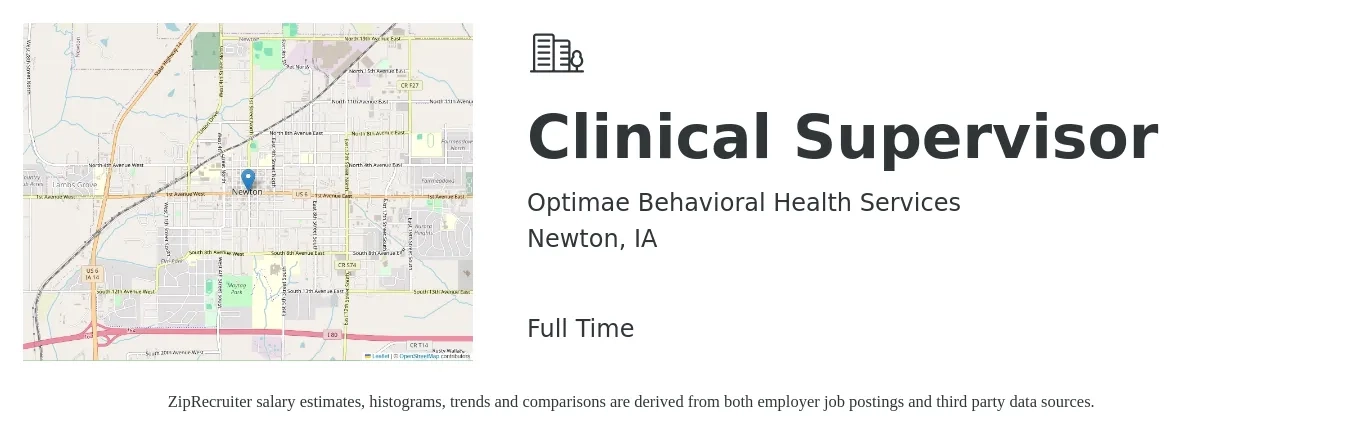 Optimae Behavioral Health Services job posting for a Clinical Supervisor in Newton, IA with a salary of $58,900 to $81,500 Yearly with a map of Newton location.