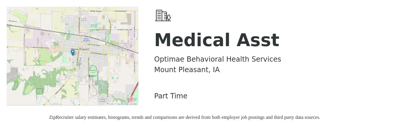 Optimae Behavioral Health Services job posting for a Medical Asst in Mount Pleasant, IA with a salary of $16 to $20 Hourly with a map of Mount Pleasant location.