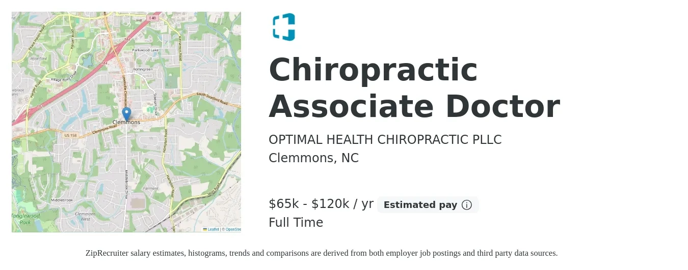 OPTIMAL HEALTH CHIROPRACTIC PLLC job posting for a Chiropractic Associate Doctor in Clemmons, NC with a salary of $65,000 to $120,000 Yearly with a map of Clemmons location.