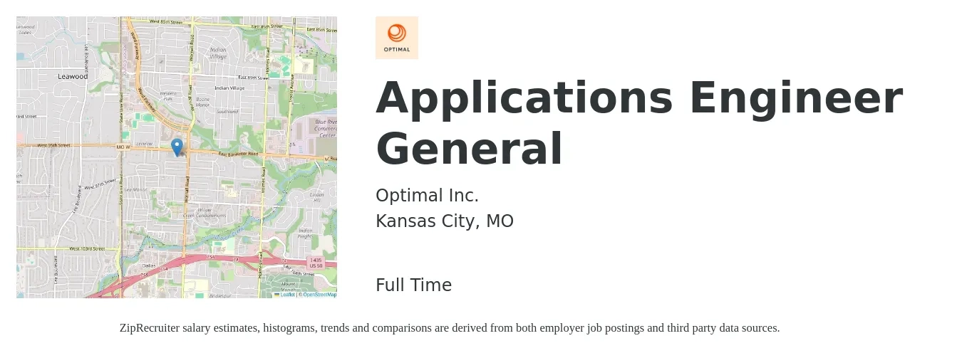 Optimal Inc. job posting for a Applications Engineer General in Kansas City, MO with a salary of $77,600 to $124,800 Yearly with a map of Kansas City location.