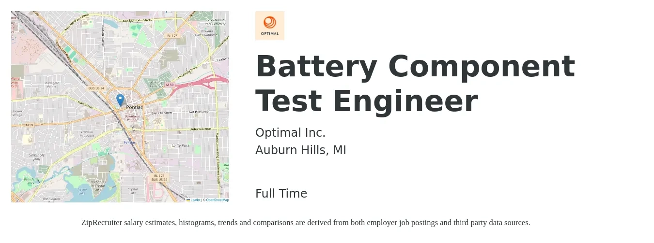Optimal Inc. job posting for a Battery Component Test Engineer in Auburn Hills, MI with a salary of $40 to $53 Hourly with a map of Auburn Hills location.