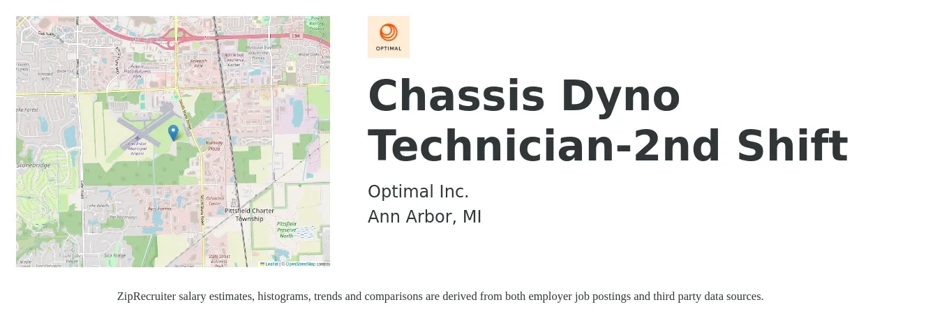 Optimal Inc. job posting for a Chassis Dyno Technician-2nd Shift in Ann Arbor, MI with a salary of $21 to $29 Hourly with a map of Ann Arbor location.