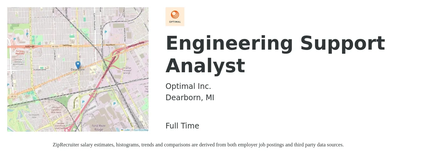 Optimal Inc. job posting for a Engineering Support Analyst in Dearborn, MI with a salary of $21 to $36 Hourly with a map of Dearborn location.