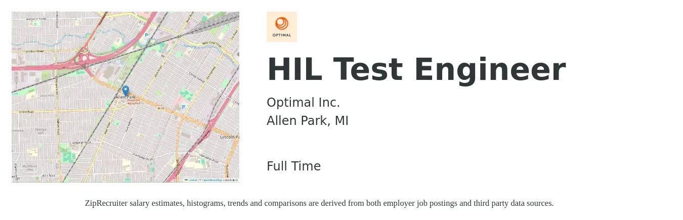 Optimal Inc. job posting for a HIL Test Engineer in Allen Park, MI with a salary of $32 to $50 Hourly with a map of Allen Park location.