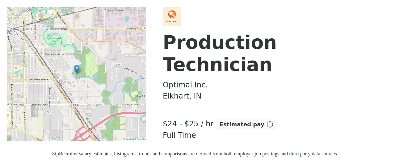 Optimal Inc. job posting for a Production Technician in Elkhart, IN with a salary of $25 to $27 Hourly with a map of Elkhart location.