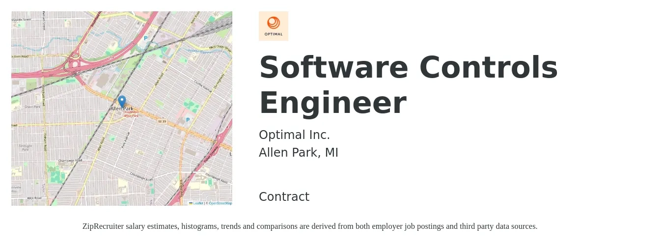 Optimal Inc. job posting for a Software Controls Engineer in Allen Park, MI with a salary of $41 to $53 Hourly with a map of Allen Park location.