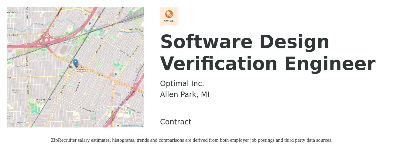 Optimal Inc. job posting for a Software Design Verification Engineer in Allen Park, MI with a salary of $33 to $44 Hourly with a map of Allen Park location.