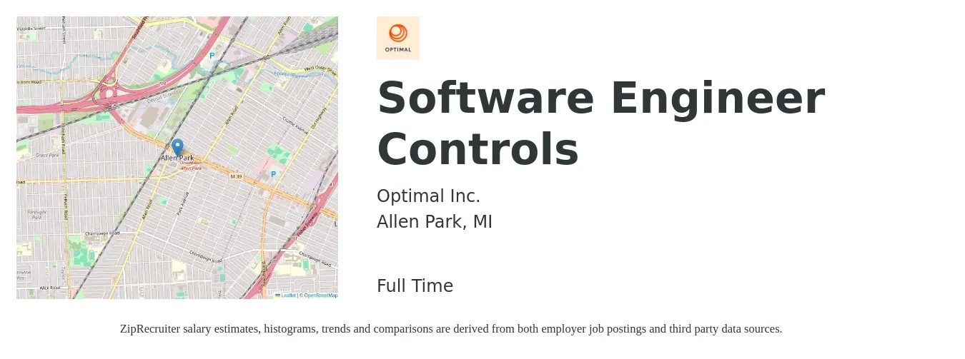 Optimal Inc. job posting for a Software Engineer Controls in Allen Park, MI with a salary of $105,800 to $145,900 Yearly with a map of Allen Park location.