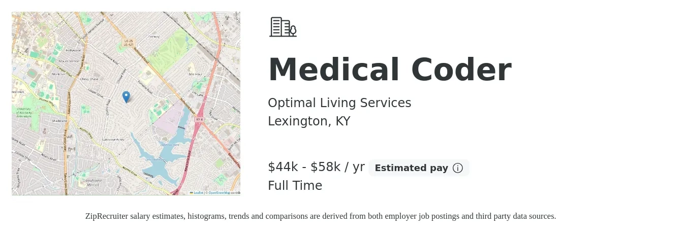Optimal Living Services job posting for a Medical Coder in Lexington, KY with a salary of $44,000 to $58,000 Yearly with a map of Lexington location.