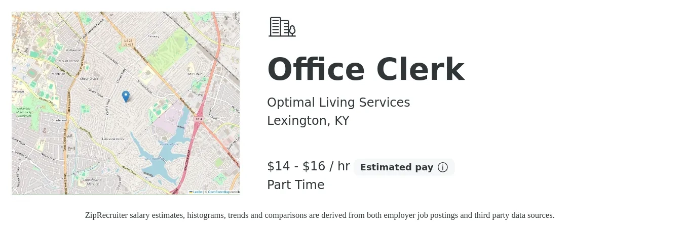Optimal Living Services job posting for a Office Clerk in Lexington, KY with a salary of $15 to $17 Hourly with a map of Lexington location.