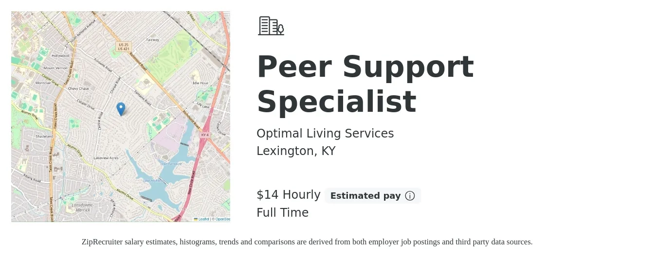 Optimal Living Services job posting for a Peer Support Specialist in Lexington, KY with a salary of $15 Hourly with a map of Lexington location.