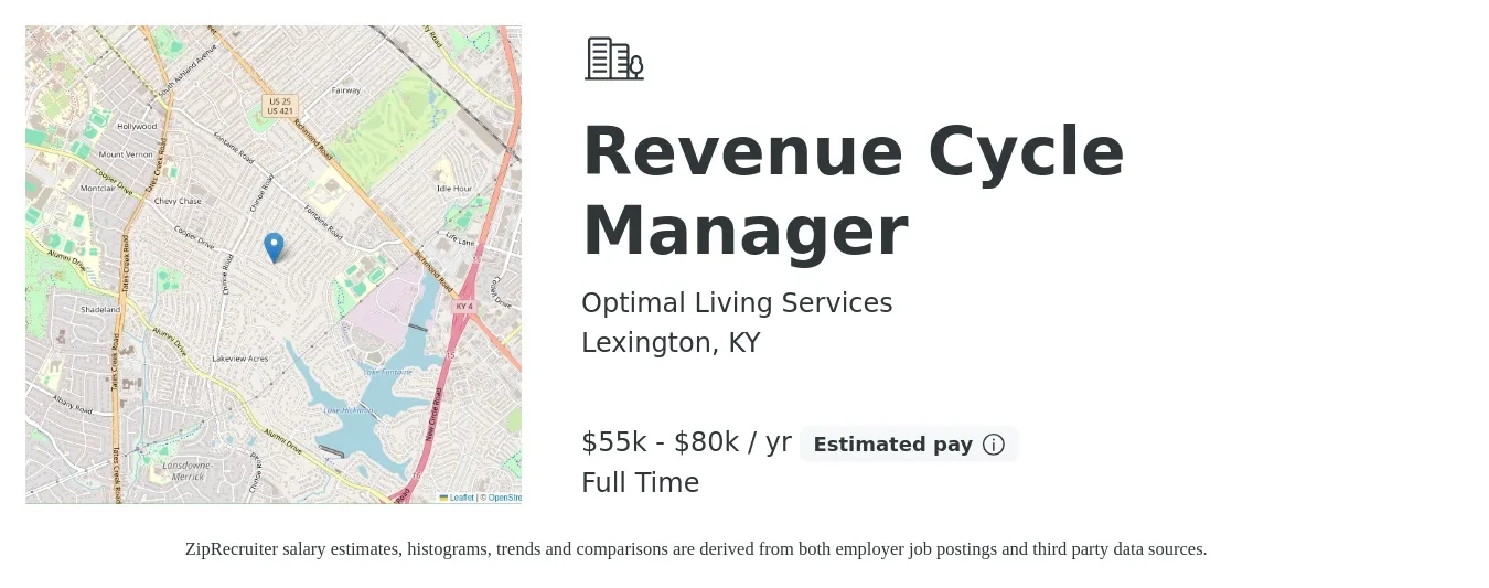 Optimal Living Services job posting for a Revenue Cycle Manager in Lexington, KY with a salary of $55,000 to $80,000 Yearly with a map of Lexington location.