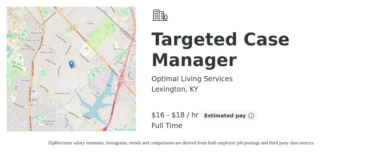 Optimal Living Services job posting for a Targeted Case Manager in Lexington, KY with a salary of $17 to $19 Hourly with a map of Lexington location.