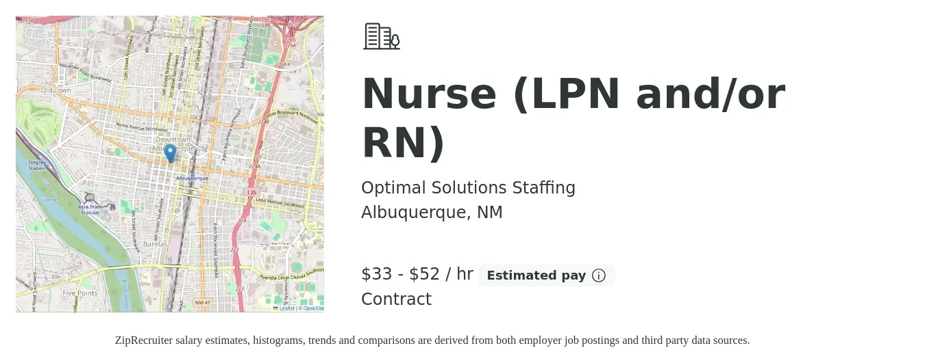 Optimal Solutions Staffing job posting for a Nurse (LPN and/or RN) in Albuquerque, NM with a salary of $35 to $55 Hourly with a map of Albuquerque location.