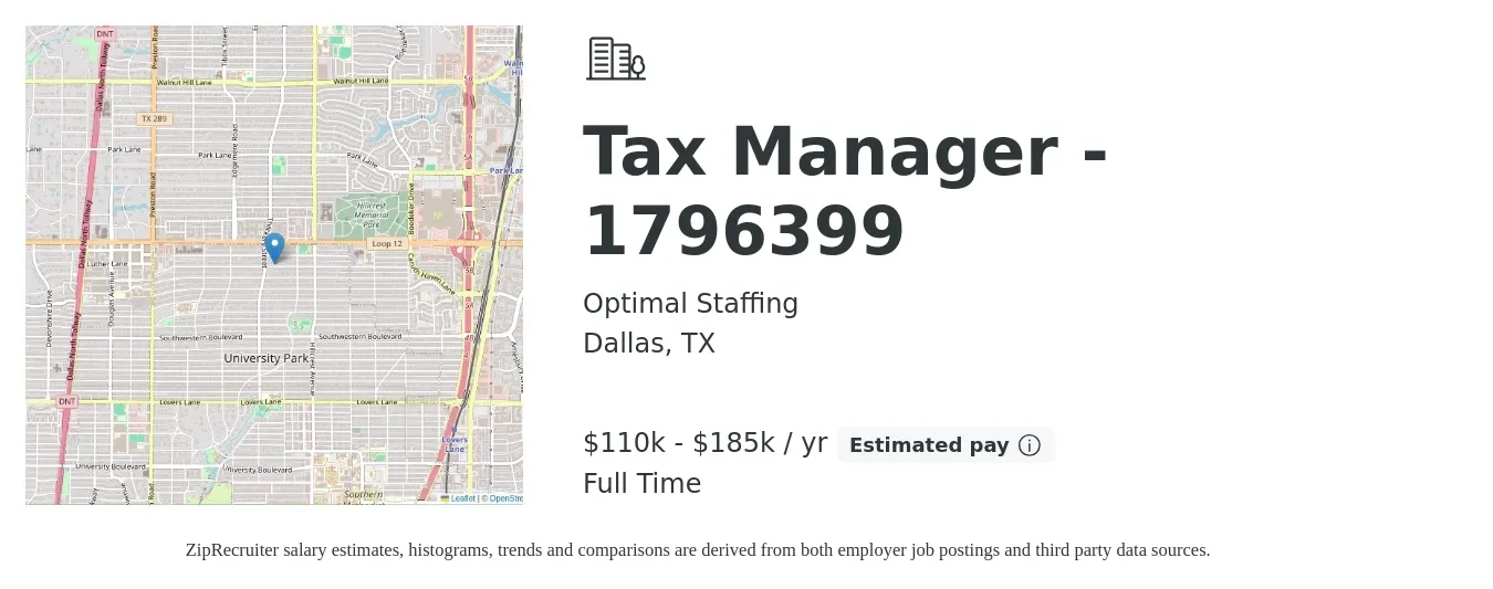 Optimal Staffing job posting for a Tax Manager - 1796399 in Dallas, TX with a salary of $110,000 to $185,000 Yearly with a map of Dallas location.