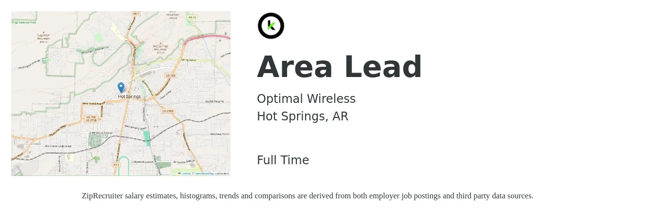 Optimal Wireless job posting for a Area Lead in Hot Springs, AR with a salary of $15 to $20 Hourly with a map of Hot Springs location.
