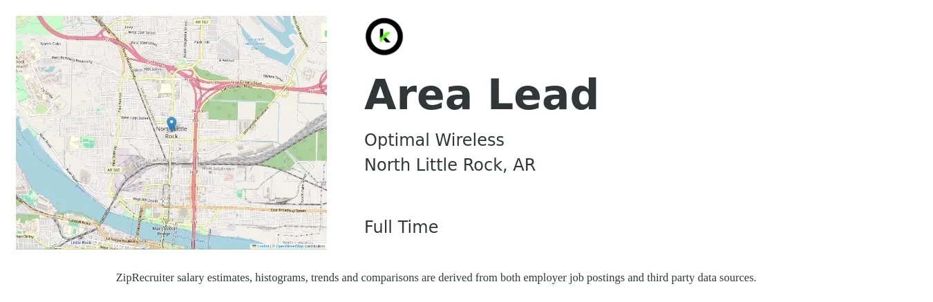 Optimal Wireless job posting for a Area Lead in North Little Rock, AR with a salary of $15 to $21 Hourly with a map of North Little Rock location.