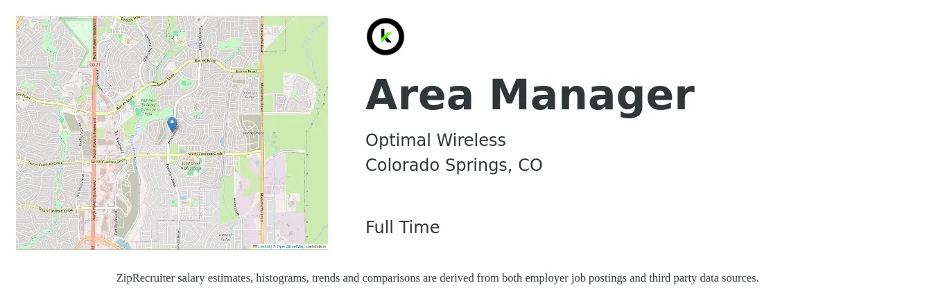 Optimal Wireless job posting for a Area Manager in Colorado Springs, CO with a salary of $38,000 to $70,600 Yearly with a map of Colorado Springs location.