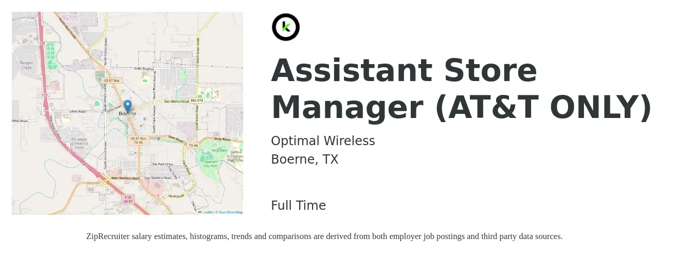 Optimal Wireless job posting for a Assistant Store Manager (AT&T ONLY) in Boerne, TX with a salary of $15 to $21 Hourly with a map of Boerne location.