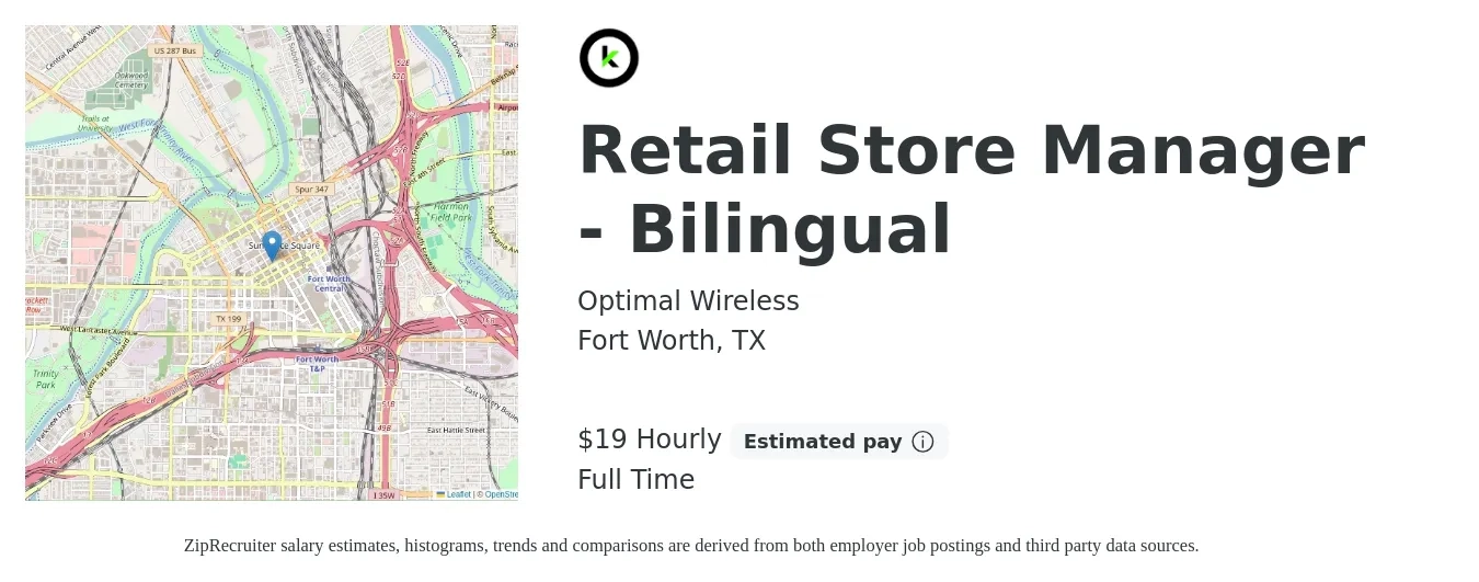 Optimal Wireless job posting for a Retail Store Manager - Bilingual in Fort Worth, TX with a salary of $20 Hourly with a map of Fort Worth location.
