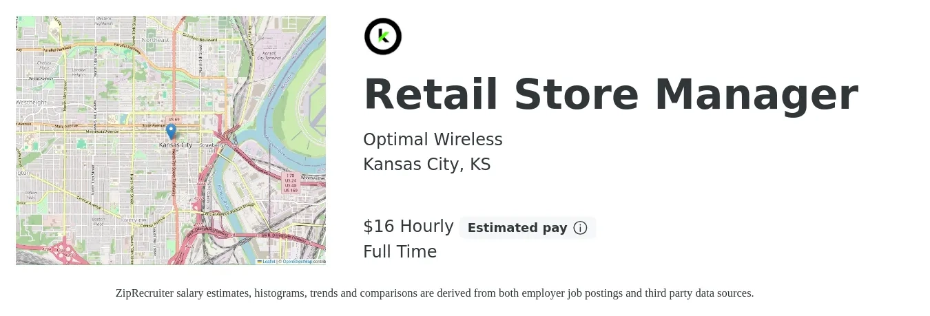 Optimal Wireless job posting for a Retail Store Manager in Kansas City, KS with a salary of $17 Hourly with a map of Kansas City location.
