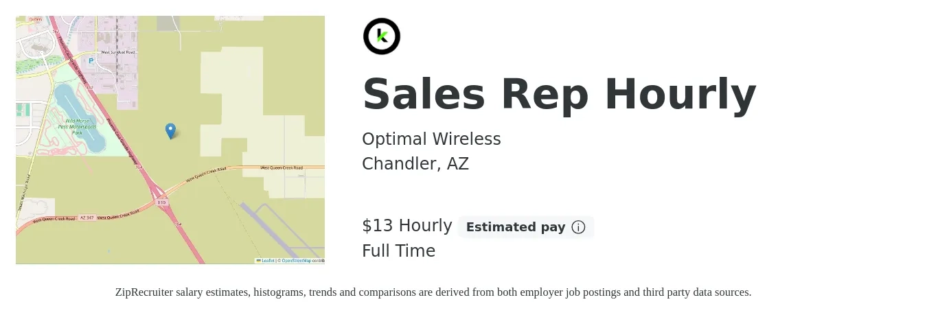 Optimal Wireless job posting for a Sales Rep Hourly in Chandler, AZ with a salary of $14 Hourly with a map of Chandler location.
