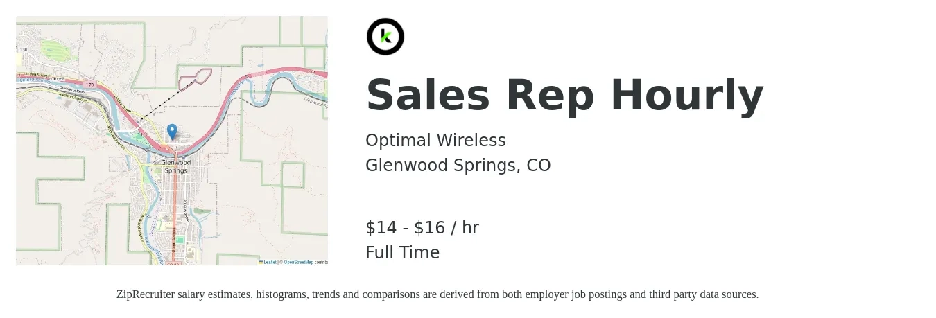 Optimal Wireless job posting for a Sales Rep Hourly in Glenwood Springs, CO with a salary of $15 to $17 Hourly with a map of Glenwood Springs location.