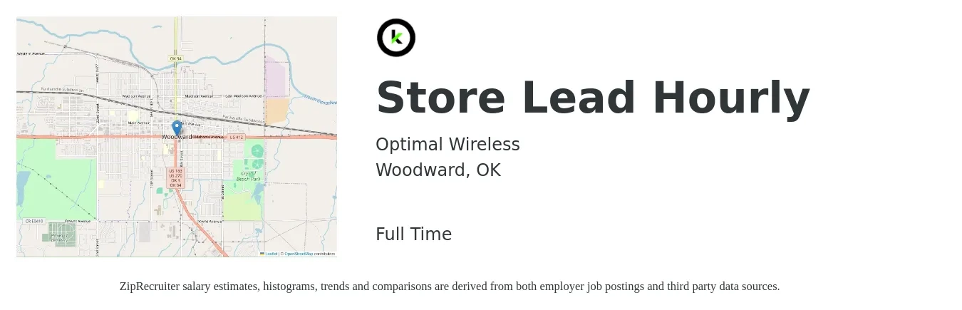 Optimal Wireless job posting for a Store Lead Hourly in Woodward, OK with a salary of $13 to $16 Hourly with a map of Woodward location.