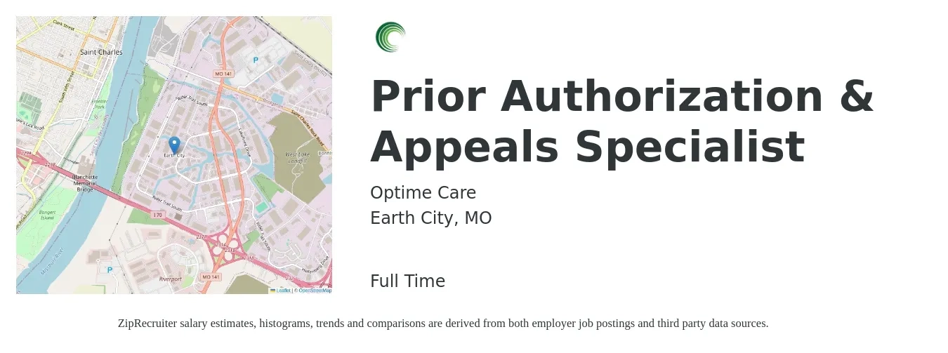 Optime Care job posting for a Prior Authorization & Appeals Specialist in Earth City, MO with a salary of $63,000 to $93,400 Yearly with a map of Earth City location.