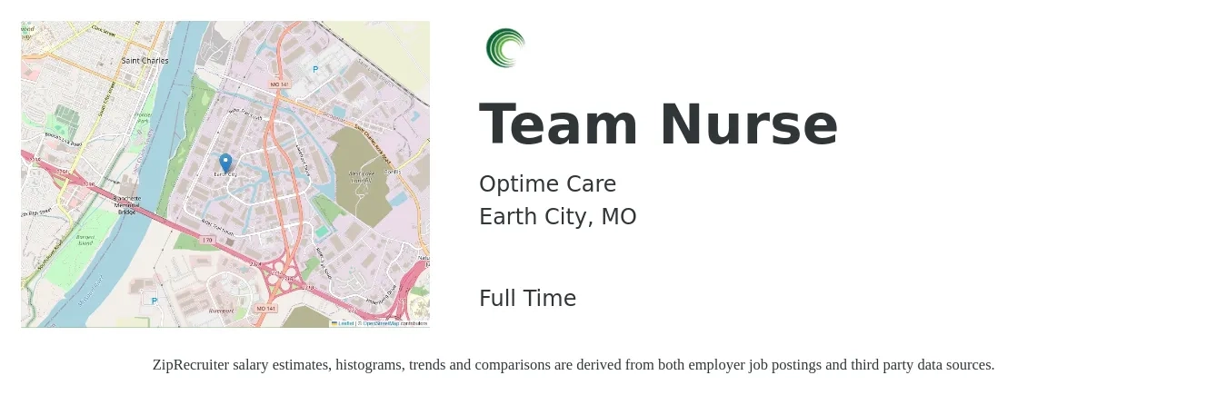 Optime Care job posting for a Team Nurse in Earth City, MO with a salary of $29 to $43 Hourly with a map of Earth City location.