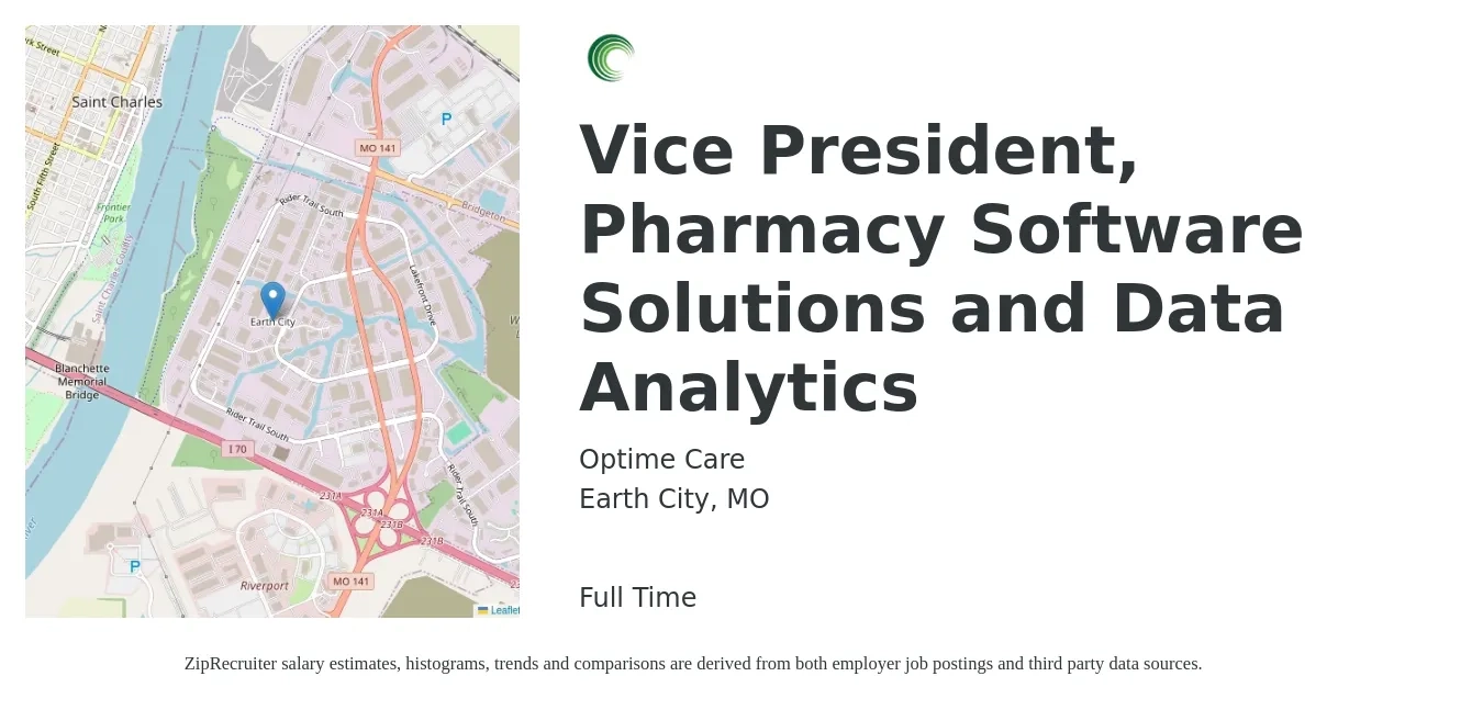 Optime Care job posting for a Vice President, Pharmacy Software Solutions and Data Analytics in Earth City, MO with a salary of $25 to $39 Hourly with a map of Earth City location.