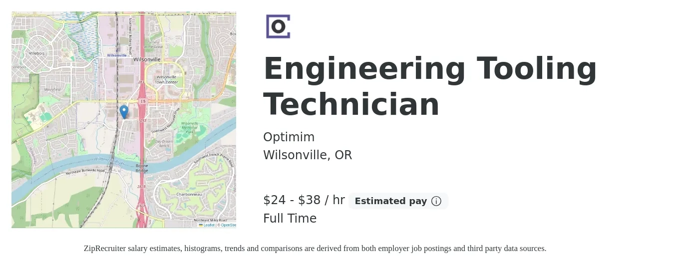 Optimim job posting for a Engineering Tooling Technician in Wilsonville, OR with a salary of $25 to $40 Hourly with a map of Wilsonville location.